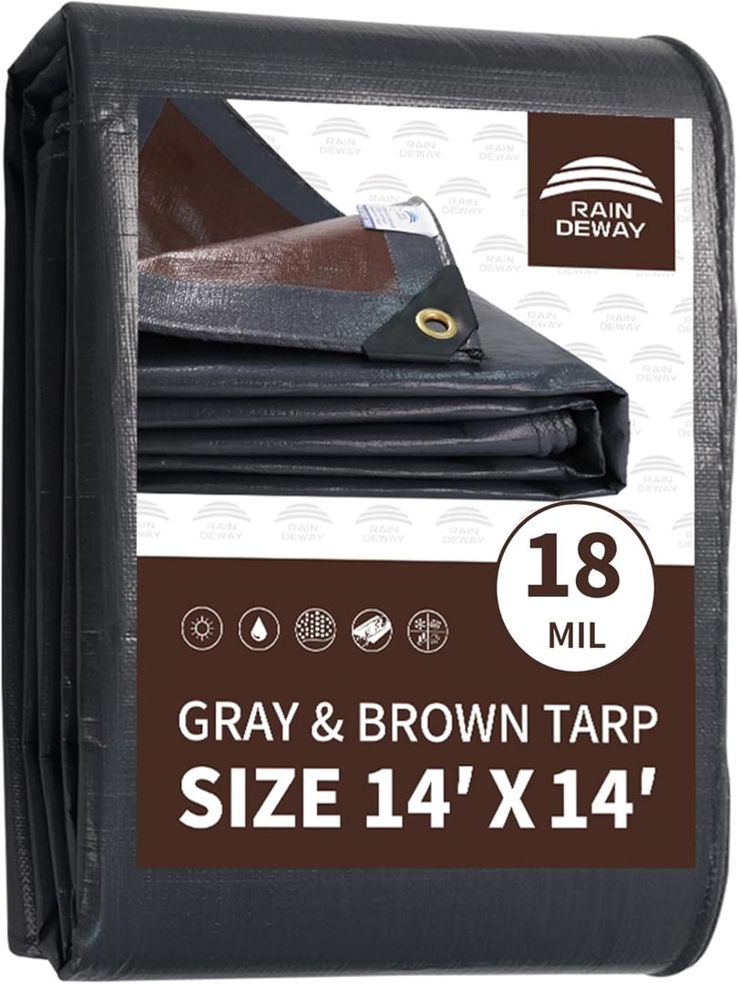 RAINDEWAY 14x14 Feet Super Heavy Duty Tarp 18 Mil, UV Resistant, Weatherproof, Multipurpose Waterproof Poly Tarp with Grommets and Reinforced Edges, Brown/Gray Tarps