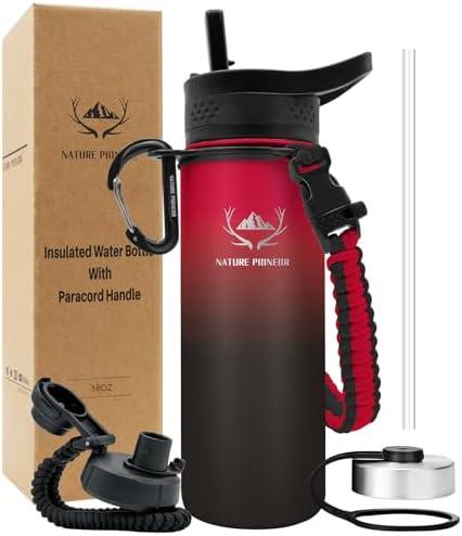 NATURE PIONEOR Insulated Water Bottles with Paracord Handle - 18 oz Vacuum Sports Wide Mouth Water Bottle with 3 Lids, Leak Proof Stainless Steel Keeps Hot and Cold