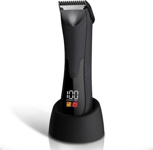 7d24hcare Groin Hair Trimmer - Electric Manscape Trimmer for Men, Waterproof Ball Trimmer for Pubic/Body/Groin Grooming with Ceramic Blade, LED Light, Charging Base
