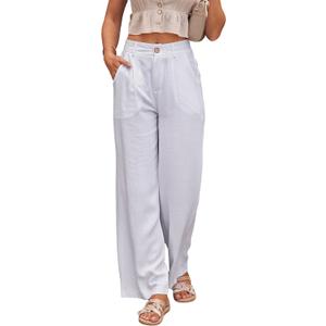 heipeiwa Women's Linen Casual High Waist Wide Leg Straight Dress Cotton Linen Pants Button Trousers (White)