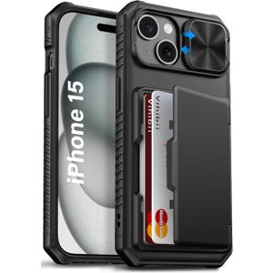 Vihibii for iPhone 15, iPhone 14, and iPhone 13 Case with Card Holder (4 Cards) [RFID Blocking] & Slide Camera Cover, Military Grade Drop Protection, Rugged Hard Back & TPU Silicone Phone Case, Black