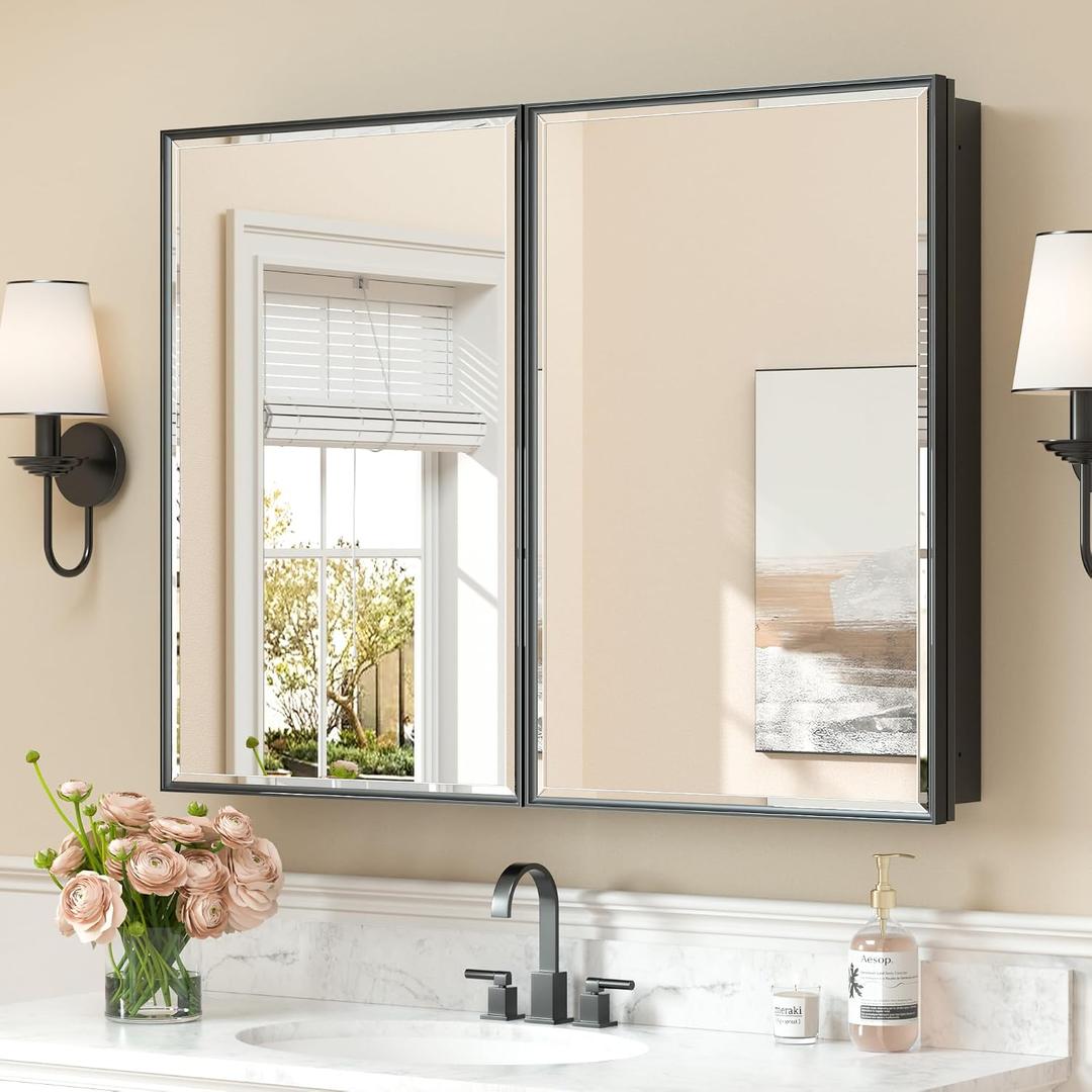 Keonjinn 40” x 30” Black Bathroom Medicine Cabinets with Mirror Recessed or Surface Wall-Mounted Aluminum Alloy Framed Beveled Mirror with Soft Close Hinge, 2 Doors Modern Bathroom Mirror with Storage