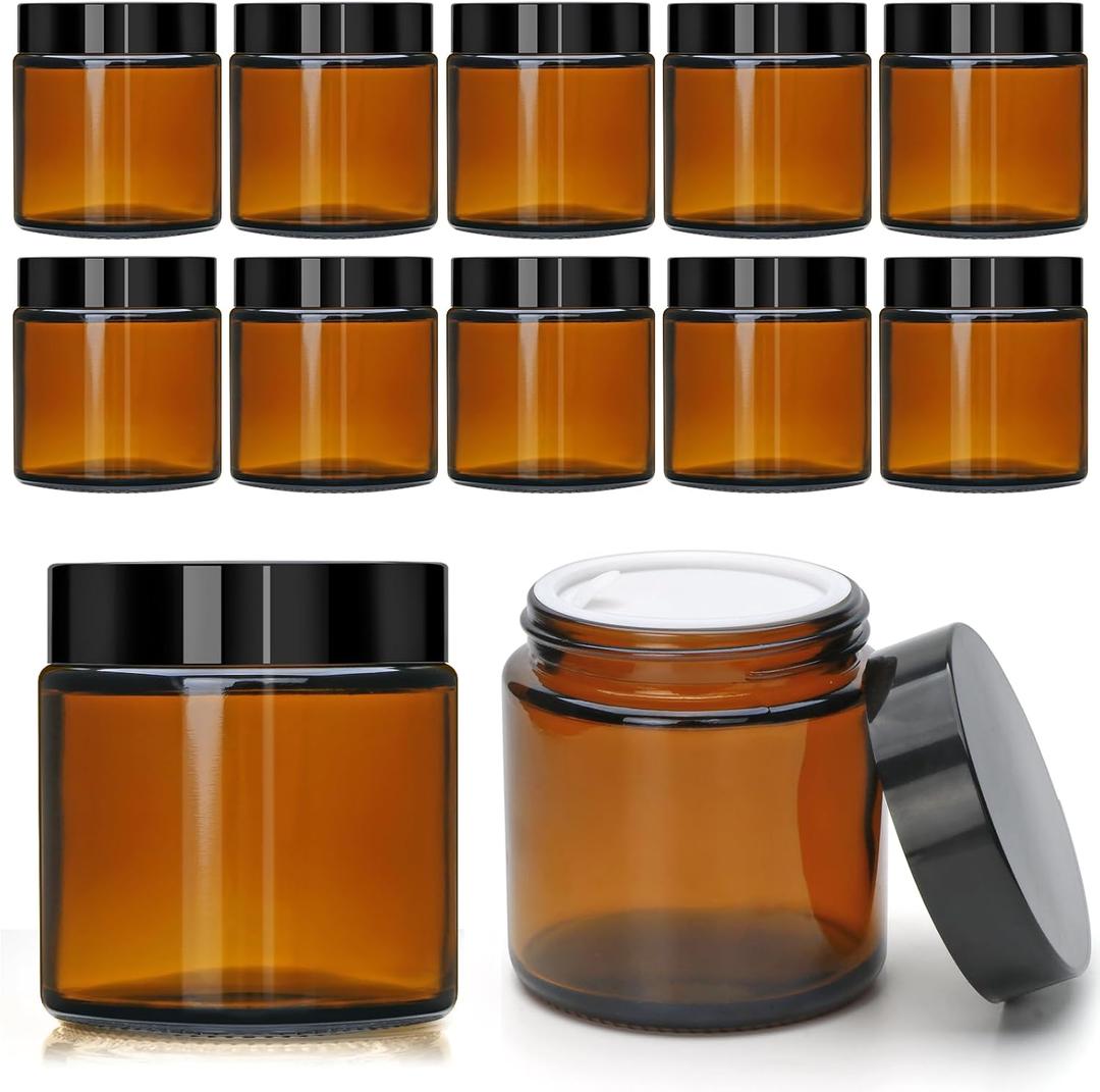 4oz Glass Amber Cosmetic Jars with Black Lids, 12 Pack Empty Small Glass Jars with Inner Liners, Round Sample Container for Cream, Lotion, Ointments
