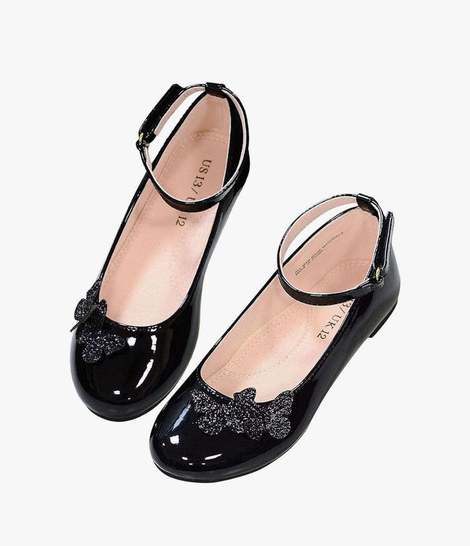 LseLom Girls Dress Shoes Butterfly Mary Janes for Girls Hook and Loop Party Wedding Flats Shoes (12 Little Kid, Black)