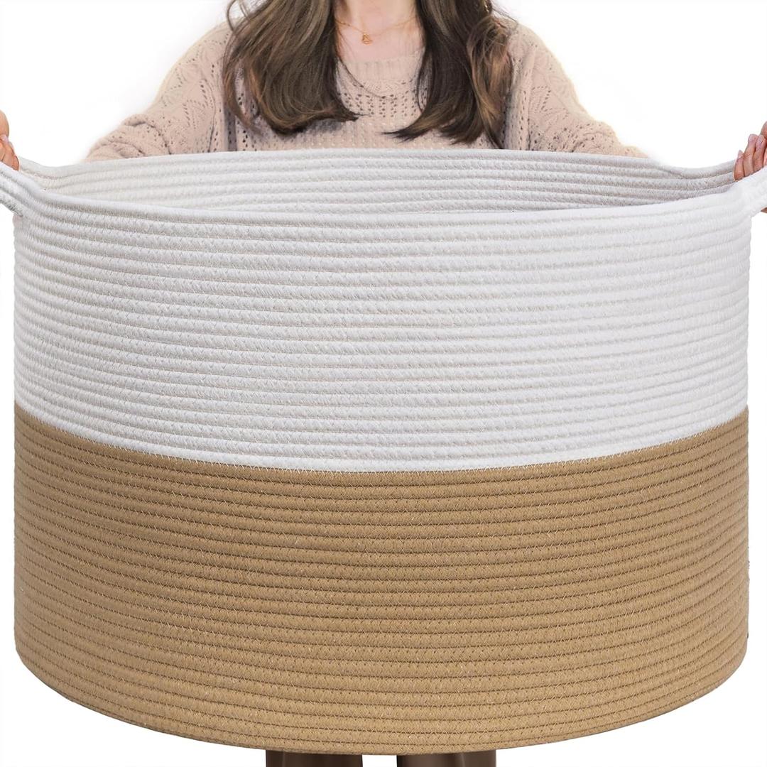 INDRESSME XXXLarge Jute Rope Basket 21.7" x 21.7" x 13.8" Woven Baby Laundry Baskets for Blankets Toys Storage Basket with Handle Comforter Cushions Storage Bins Thread Laundry Hamper (White & Camel)