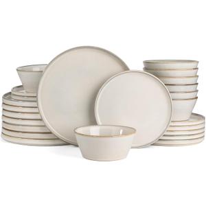 Famiware Plates and Bowls Sets, Annecy Stoneware Dinnerware Sets for 8, 24 Pieces Dish Set, Plate with Lip Edge, Reactive Glaze Tableware - Microwave & Dishwasher Safe, Grey-White