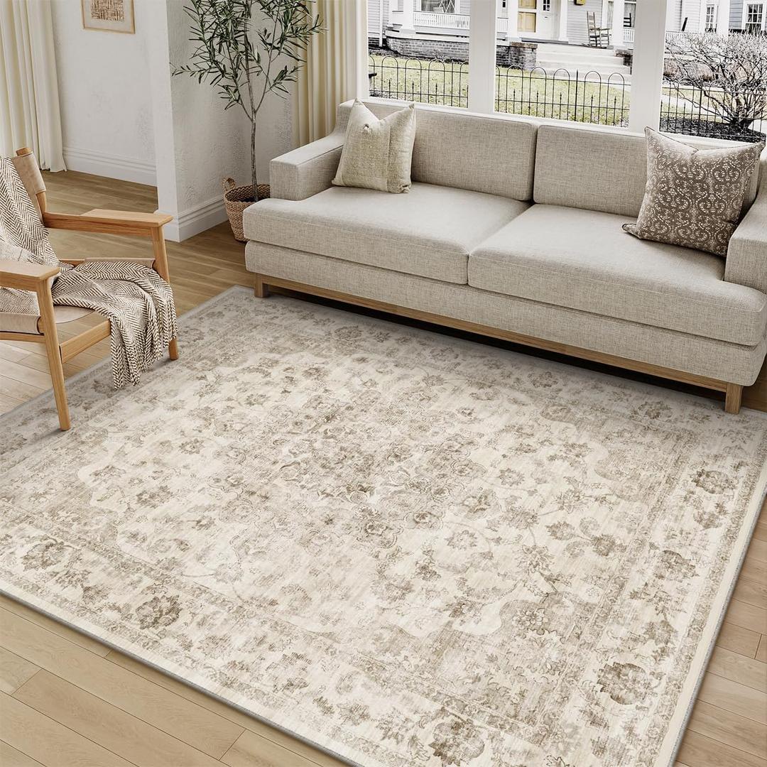 5x8 Washable Neutral Area Rug Beige Vintage Living Room Bedroom Carpet Non-Slip Soft Low Pile Farmhouse Indoor Throw Rug for Dining Room Entryway Office