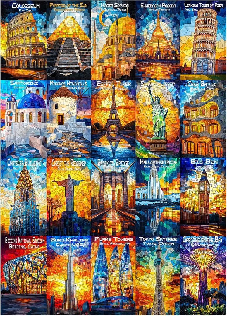 ALL4JIG World Landmark Fun Jigsaw Puzzles for Adults and Kids, 1000 Pieces, Christmas Secret Santa Gift, White Elephant Gifts, Number Partitioned for Easy Solving