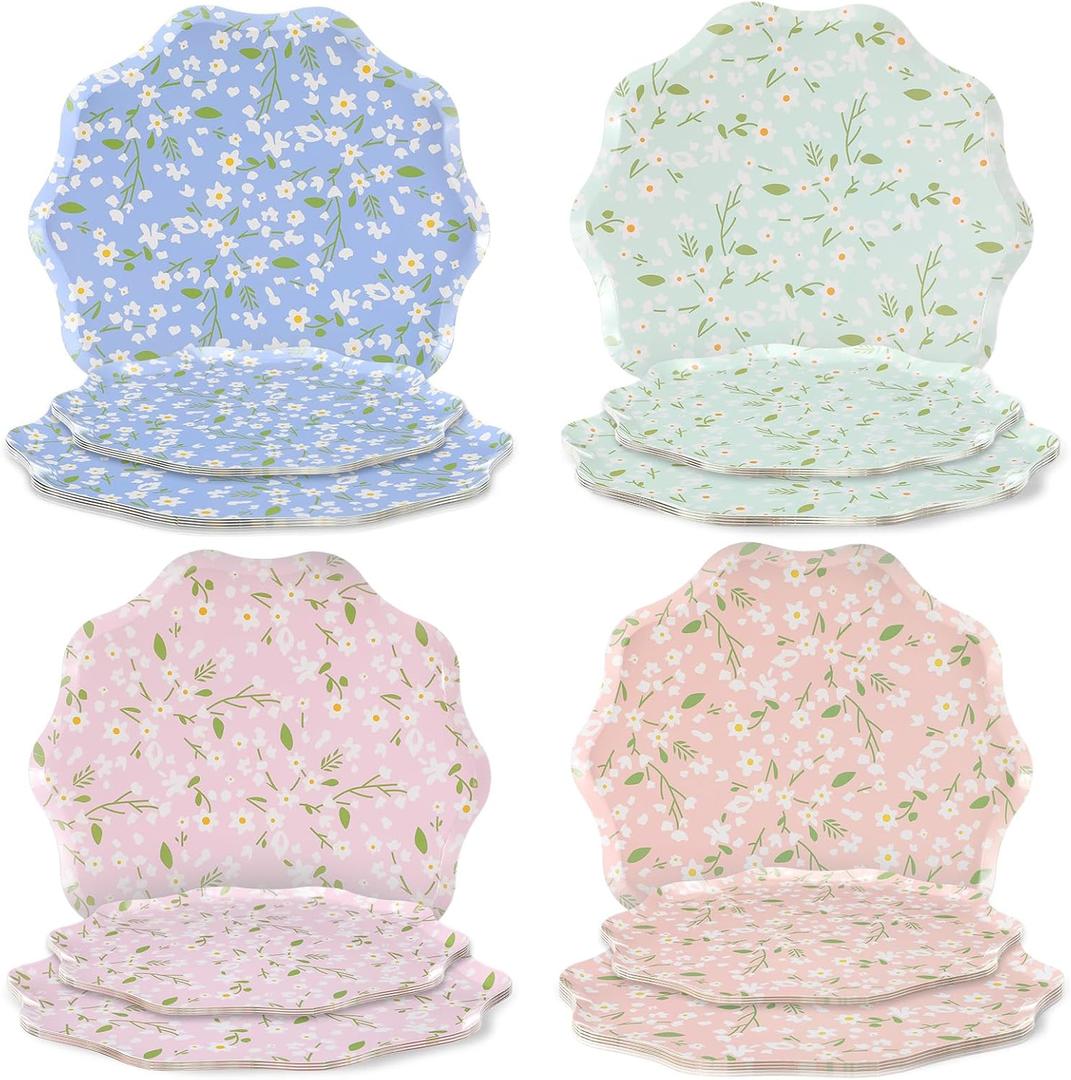 Yungyan 24 Pcs Ditsy Floral Paper Plates - 8.5" Dessert & 10.5" Dinner Floral Disposable Dinner Plates with Wavy Edges for Spring Summer Picnic Birthday Wedding Tea Party Supplies, Serves 12