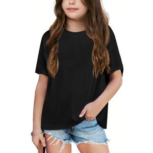 Girls Fashion Raw Hem Oversized T Shirts Summer Short Sleeve Tops Tees Shirt 5-14 Years (10-12 Years, Black)