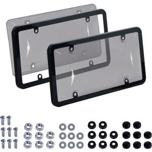 2 PCS Clear License Plate Cover & Frame, Anti-Scratch Weather-Resistant License Protector Holder, Universal Car Exterior Accessories Fit for US Standard Plates with Screws Caps & Washers,Black