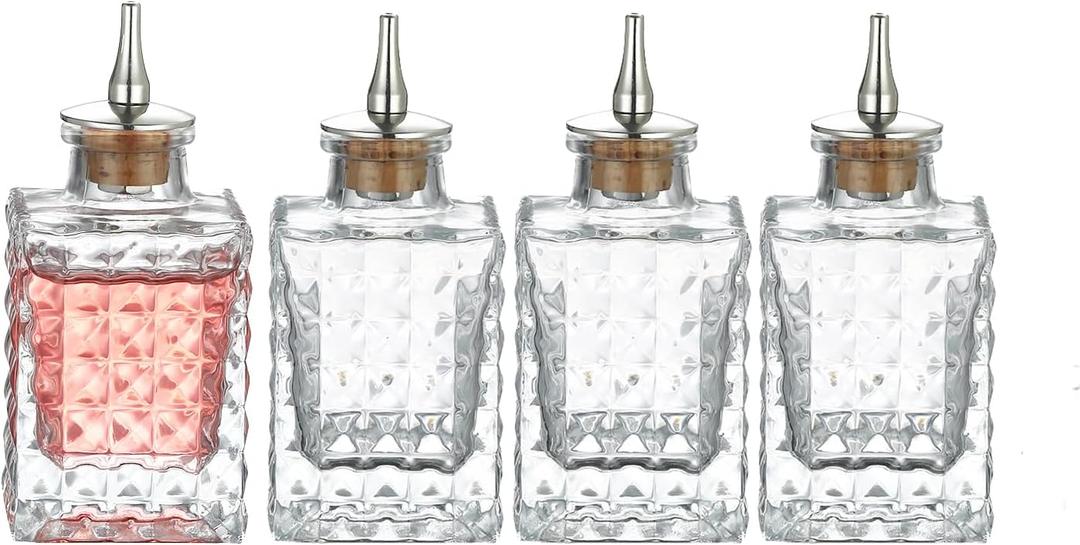 Glass Bitters Bottles with Dasher Top, Set of 4, Vintage Pattern 3oz/90ml (90ml Diamnd 4pcs)