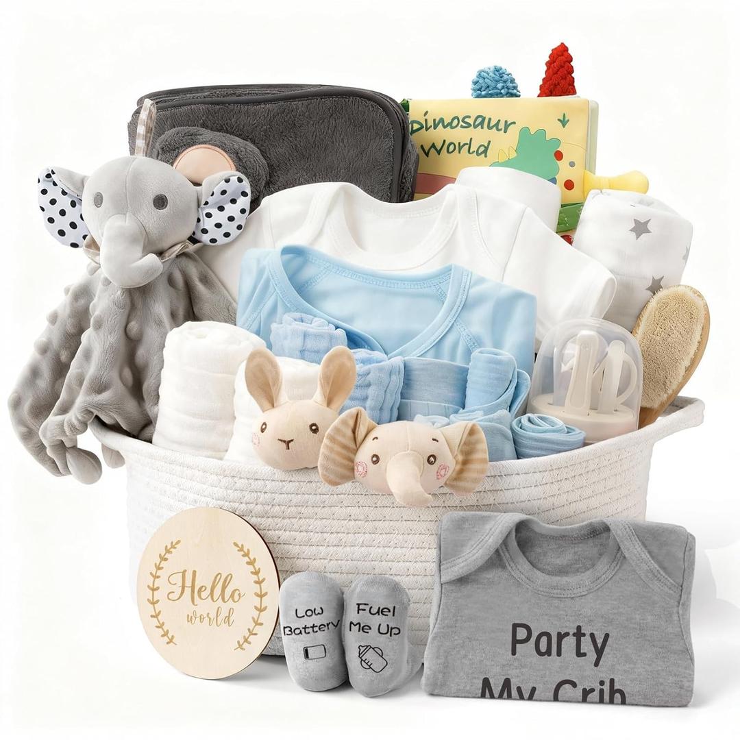 28 Piece Baby Shower Gifts for Boys, Baby Essentials for Newborn, Large Baby Boy Gift Basket, Gender Reveal Gifts, Baby Registry Search, Diaper Caddy Organizer (Blue)