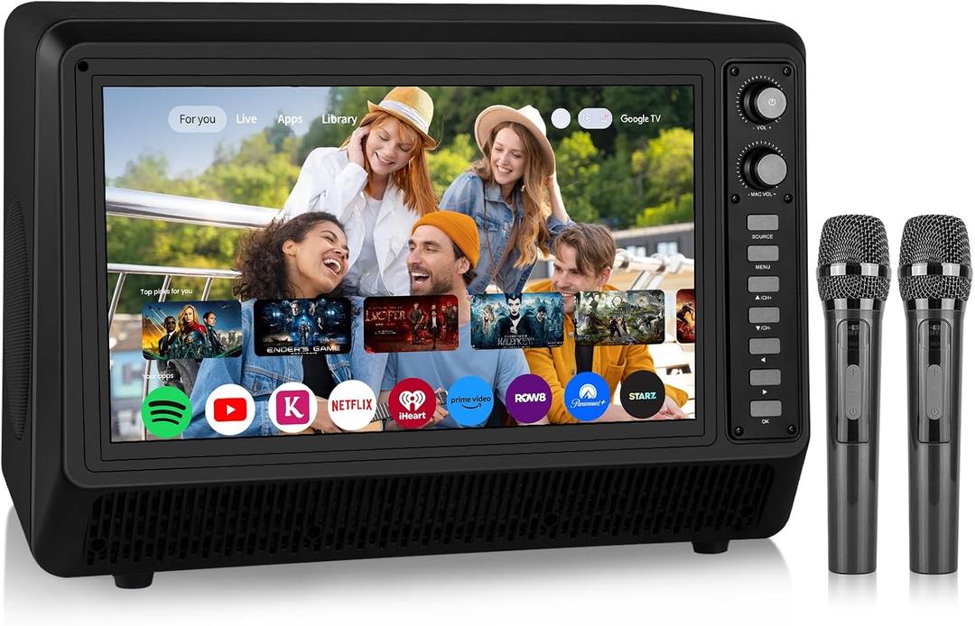 15.6 inch Smart Karaoke Machine for Adults with Lyrics Display, 200W Peak Power,Bluetooth Karaoke Speaker with 2 Microphones,Supports HDMI/USB/AUX Bluetooth Karaoke Machine for Home Party Camping