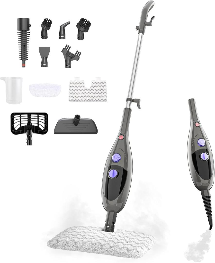 12 in 1 Steam Mop,Detachable Handheld Steam Cleaner for Hardwood Floors, Tile, Carpet, Clothes, Windows & Furniture, Lightweight Floor Steamer with 15S Fast Heat-Up & Adjustable Steam, Grey