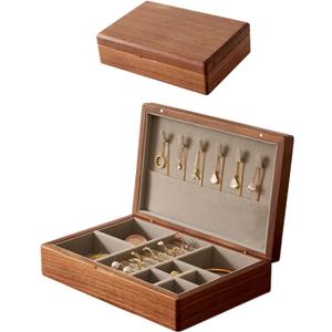 Small Wooden Jewelry Box, Vintage Delicate Walnut Wood Jewelry Case, Ideal Gift for Man Women, Protable Travel Jewelry Organizer (Gray, Medium)