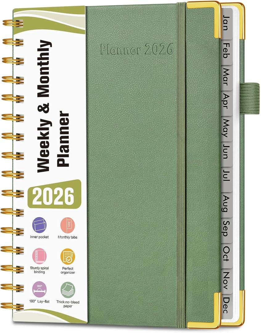 2026 Planner, Hardcover Leather Weekly and Monthly Planner, January 2026 - December 2026, Spiral Yearly Agenda Organizer Book 2026 with Tabs, Daily Calendar Planners for School Work Home, A5 (5.75" x 8.38"), Green