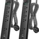 2 Pack Power Strip Surge Protector - 5 Widely Spaced Outlets 3 USB Charging Ports, 1875W/15A with 6Ft Braided Extension Cord, Flat Plug, Overload Surge Protection, Wall Mount for Home Office (6 FT)