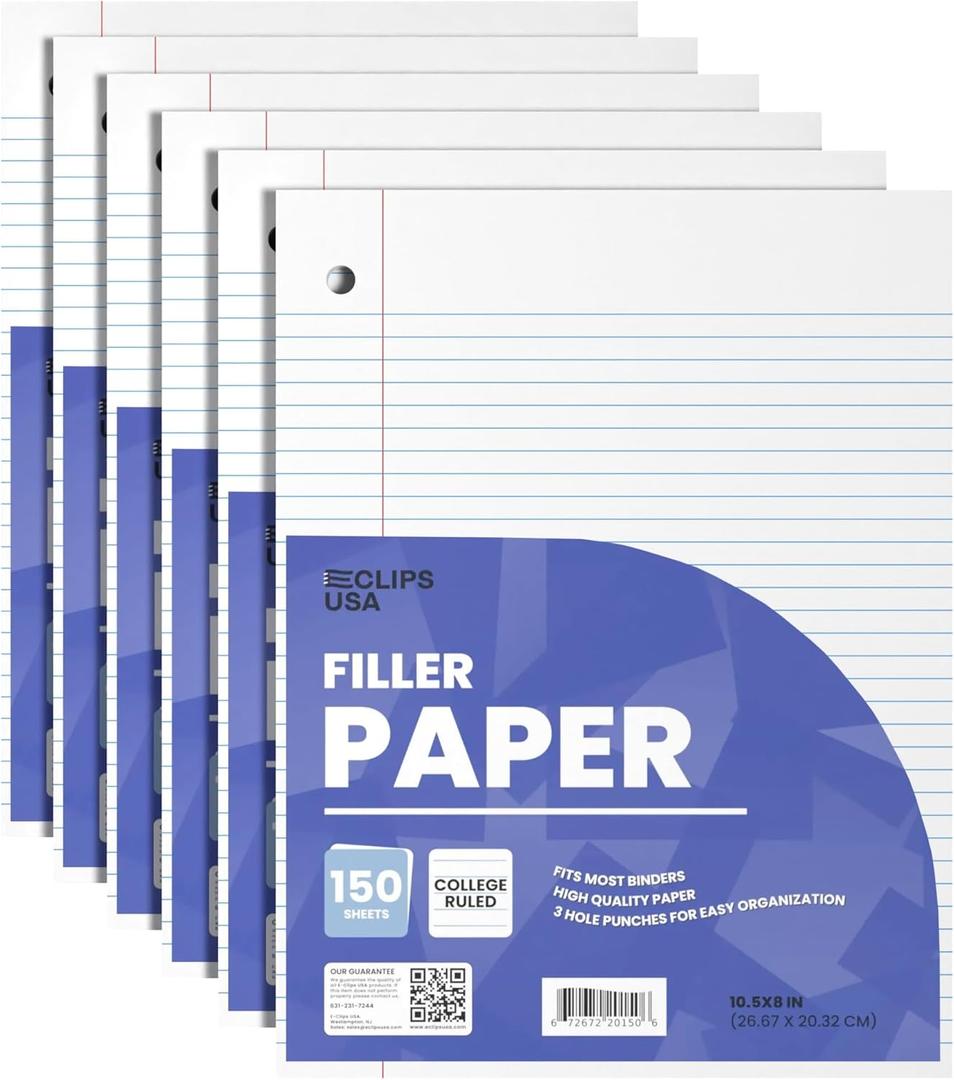Loose Leaf Paper College Ruled Notebook Paper College Ruled Lined Paper Writing Paper Filler 10.5 x 8 900 Sheets 150 Sheets Per Pack 60 gsm (6 Pack)