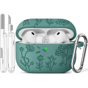 6 x for AirPods Pro 3 Case (2025) with Cleaner Kit,Cute Flower Engraved Soft Silicone Protective Case Cover Compatible with Apple AirPods Pro 3rd Generation for Women Men with Keychain,Pine Green