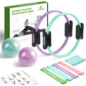 Pilates Ring and Ball Set with Resistance Bands - Pilates Equipment for Home Workout - 14'' & 12'' Pilates Rings, 2 Pilates Balls, 5 Resistance Bands for Toning Arms, Thighs/Legs & Core (Purple & Cyan)