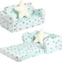 Toddler Couch, 2-in-1 Kids Soft Couch Fold Out with Star Pillow, Foldable Sofa to Lounger, Extra Wider, Colorful Heart (Large)