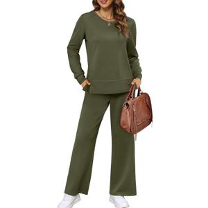 XIEERDUO Women's 2 Piece Lounge Sets Side Slit Outfits Wide Leg Tracksuit Comfy Loungewear Fashion Sweatsuit S-3XL (XX-Large, Army Green)