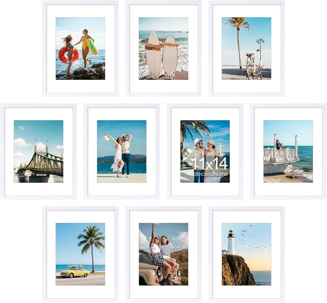 decorUhome 11x14 Picture Frame Set of 10, Display Photos 8x10 with Mat or 11x14 Unmatted for Picture Frames Collage Wall Decor, White