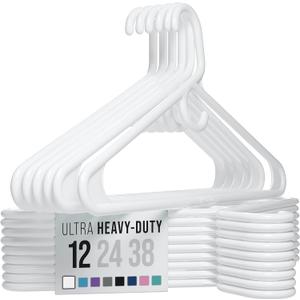 NEATERIZE Thick Heavy Duty Hangers - White Plastic Clothes Hangers 12 Pack - Great for Coat Hanger, Jackets Jeans & Suit Hanger for Closet - New Apartment Essentials Percheros Ganchos para Colgar Ropa