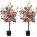 Romantic season 2Pack Artificial Rose Flower Trees, 42Inch Pink Faux Rose Tree with Green Leaves for Living Room Office Home Outdoor Indoor Decor (3FT)