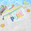 SOIDRAM 4PCS Beach Makeup Bags SPF Cosmetic Bags for Women Girls Summer Varsity Zipper Pouch Clear Waterproof Beach Toiletry Organizer Trendy PVC Makeup Bag for Travel Sandproof Essential