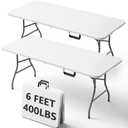 6FT Folding Table, Heavy Duty Plastic Fold-in-Half Tables with Carry Handles, Portable Utility Tables with Steel Legs for Wedding, Party, Camping, Picnic, Catering, Events, Indoor Outdoor Use,White