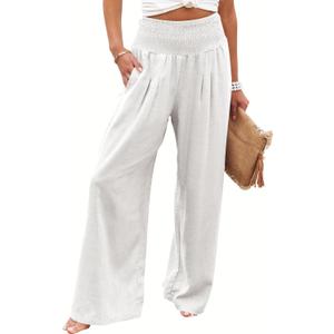 ANRABESS Women Linen Palazzo Pants Summer Boho Wide Leg High Waist Casual Lounge Pant 2026 Beach Travel Vacation Outfits (Medium, White)