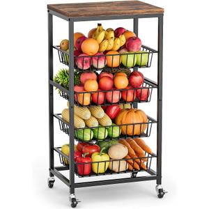 Fruit Vegetable Cart, 4-Tier Snack & Kitchen Cart on Wheels with Storage, Pull-Out Baskets & Wood Top, Rolling Organizer for Pantry, Living Room (Brown)