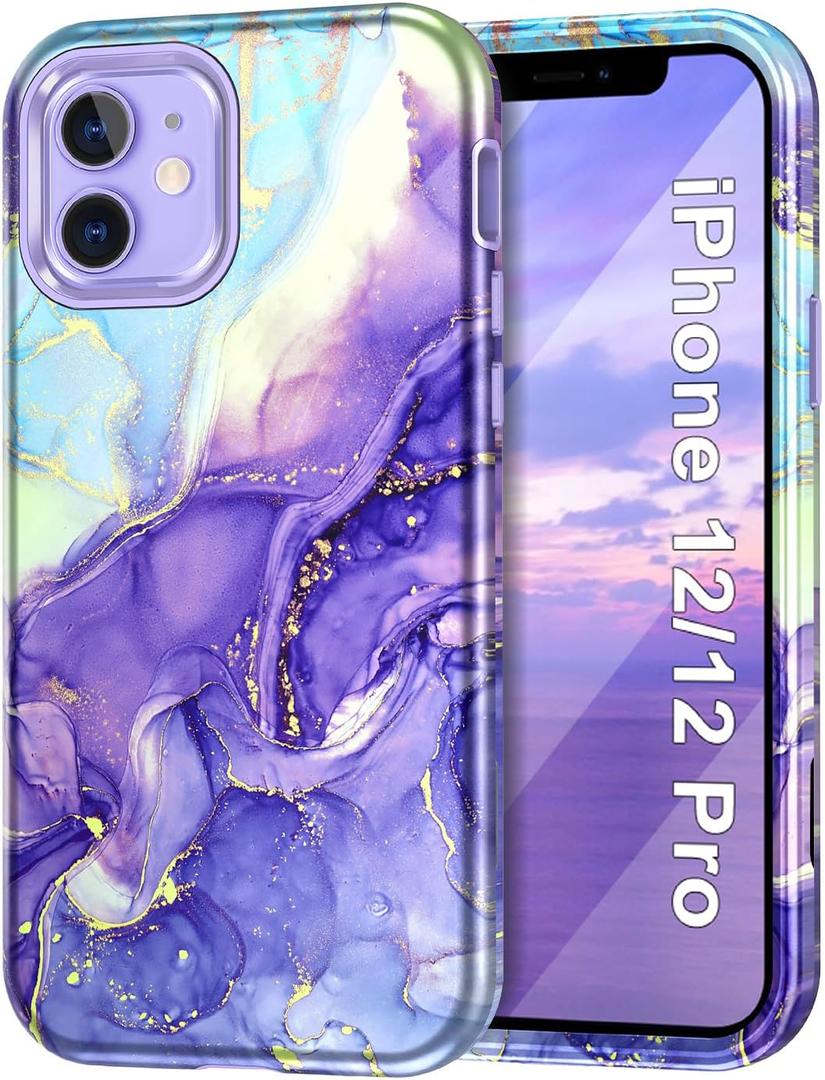 Btscase for iPhone 12 Case/iPhone 12 Pro Case, Heavy Duty Three Layer Marble Shockproof Full Body Rugged Hard PC+Soft TPU Bumper Drop Protection Women Girls Cover for iPhone 12/12 Pro, Cobalt Violet