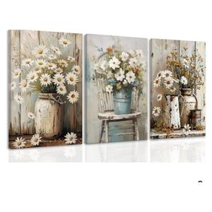 DUWQU 3 PCS Elegant Farmhouse Canvas Wall Art, Vintage Floral Pictures Wall Decor, Nature Themed Daisy Art Prints for Living Room Bedroom Kitchen and Office Ready to Hang 12×16 Inches