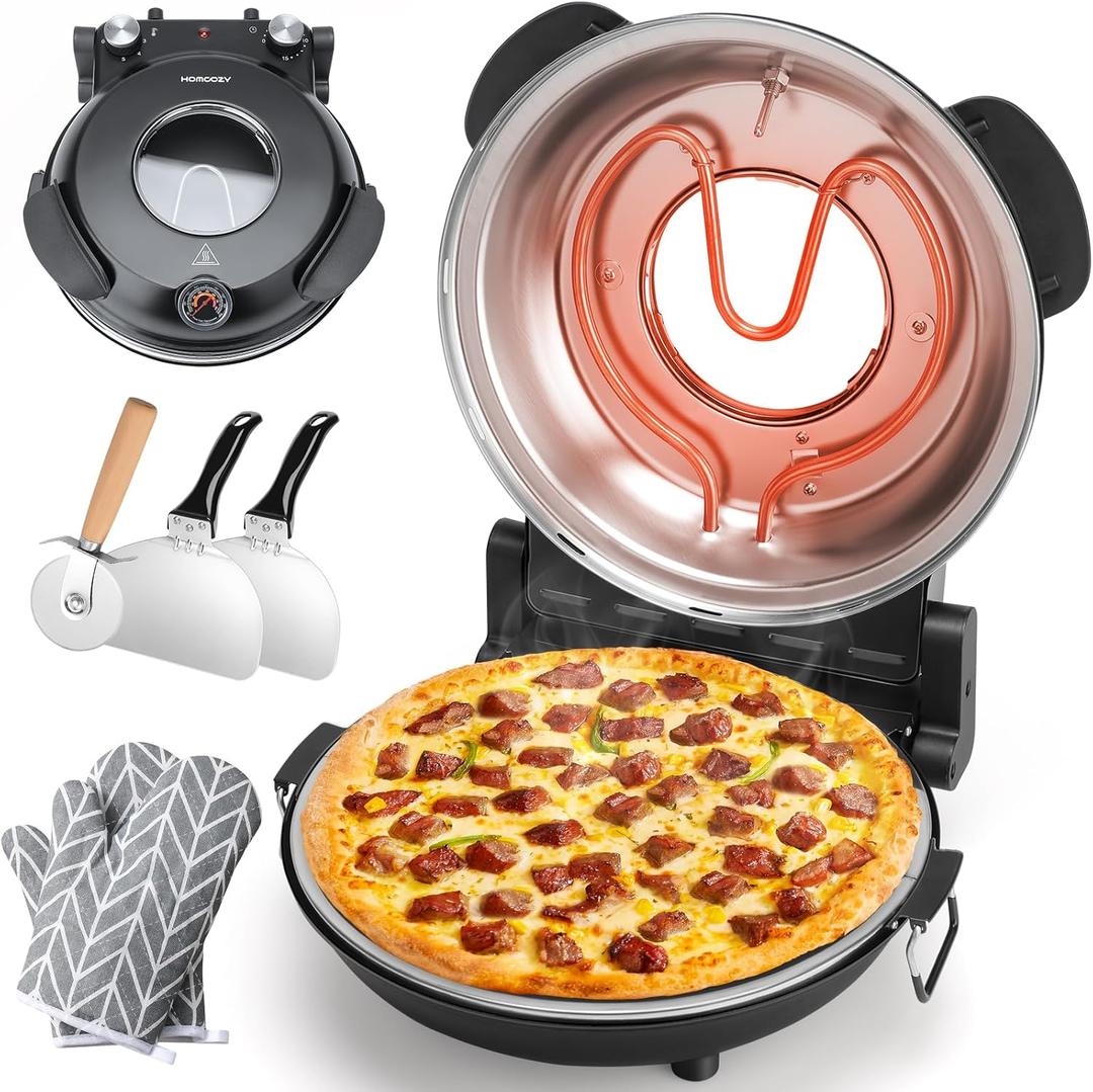 Electric Pizza Oven Indoor with Glazed Ceramic Stone, 12-Inch Portable Countertop Pizza Maker with Adjustable Timer, 1200W Heat up to 800F Pizza Maker with Viewing Window for Home DIY Pizza