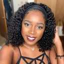 Deep Wave Headband Wig Human Hair 12 Inch Curly Headband Wigs for Black Women Human Hair Glueless None Lace Front Wig Brazilian Virgin Hair Wear and Go Wigs 150% Density Natural Black Color