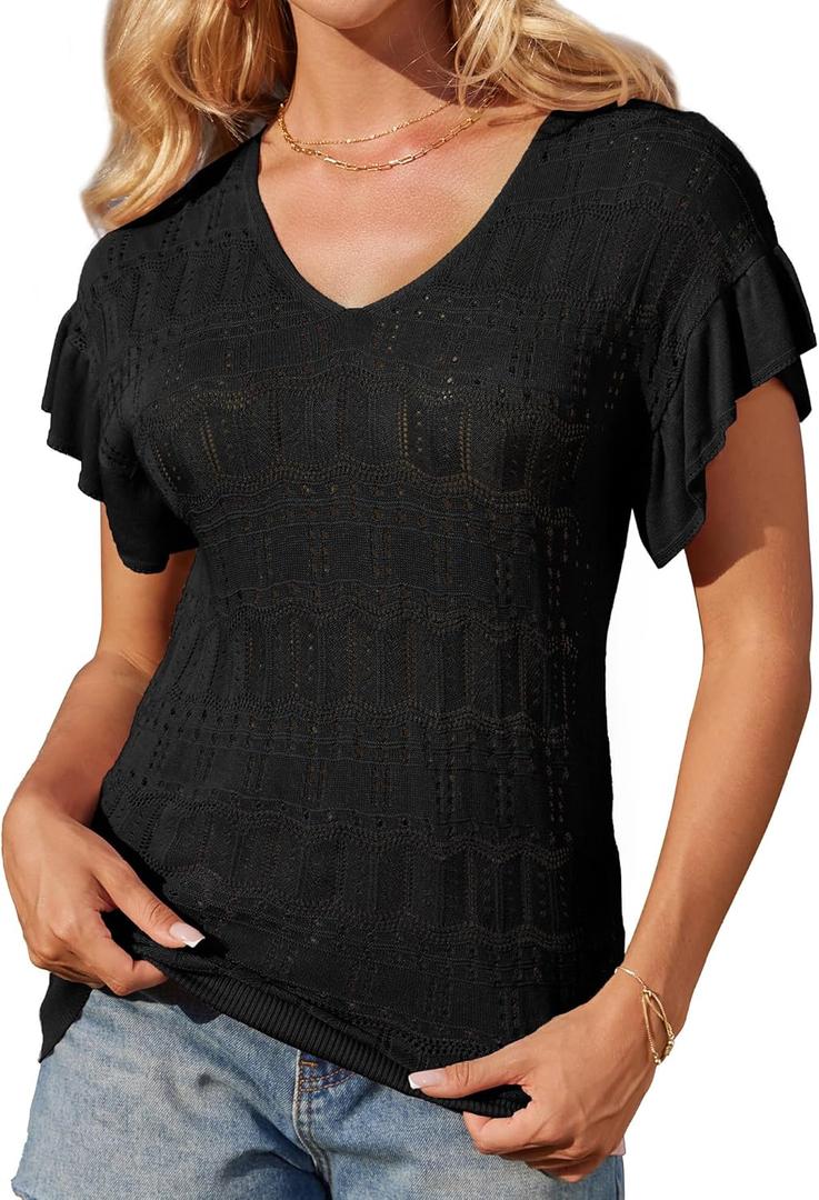 GRACE KARIN Women Hollow Out Crochet Knit V-Neck Sweater Ruffle Short Sleeve Casual Loose Fit Lightweight Summer Top (Large, Black)