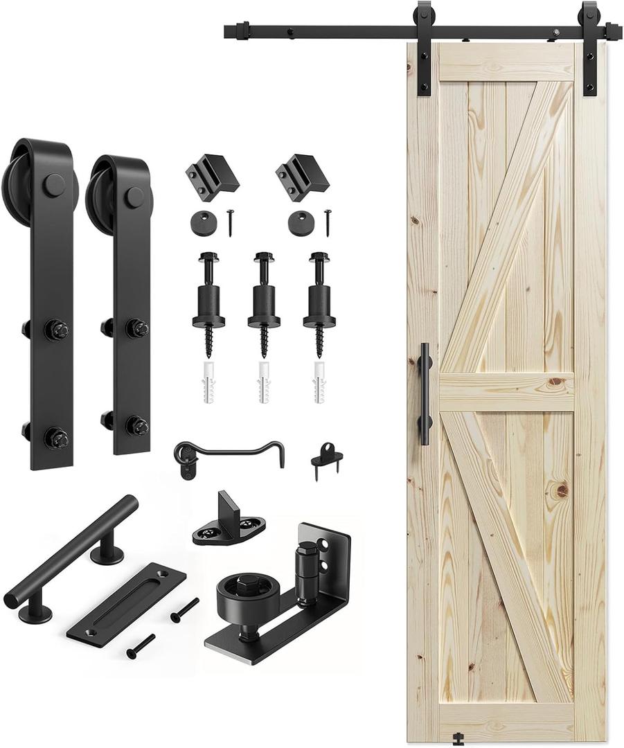 SMARTSTANDARD 28in x 84in Sliding Barn Door with 5ft Barn Door Hardware Kit Included, Unfinished Solid Spruce Wood Door, Assembly Required, DIY, Stainable, Natural