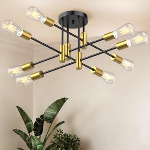 Modern Sputnik Chandelier Ceiling Light Fixture, 8-Light Mid Century Industrial Semi Flush Mount Light for Dining Room, Kitchen Island, Bedroom, Living Room, Matte Black and Gold, Adjustable Arms