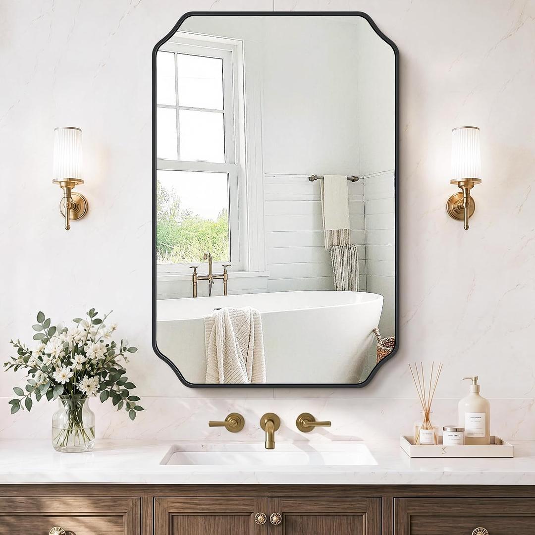 Vanity Bathroom Mirror, 24" x 36" Black Scalloped Mirror for Wall