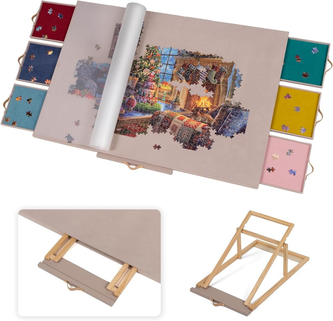 Lavievert Fully Flannel Covered Tilting Puzzle Board with 6 Drawers & Cover, Adjustable Plateau with Stand for Adults, Portable Puzzle Table with Non-Slip Tabletop for Up to 1500 Pieces - Dusty Pink
