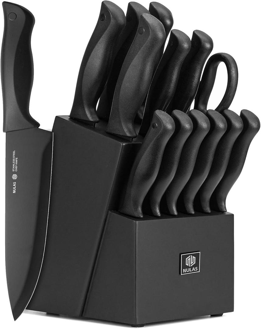 15-Piece Kitchen Knife Set with Block and Built-In Sharpener, Black