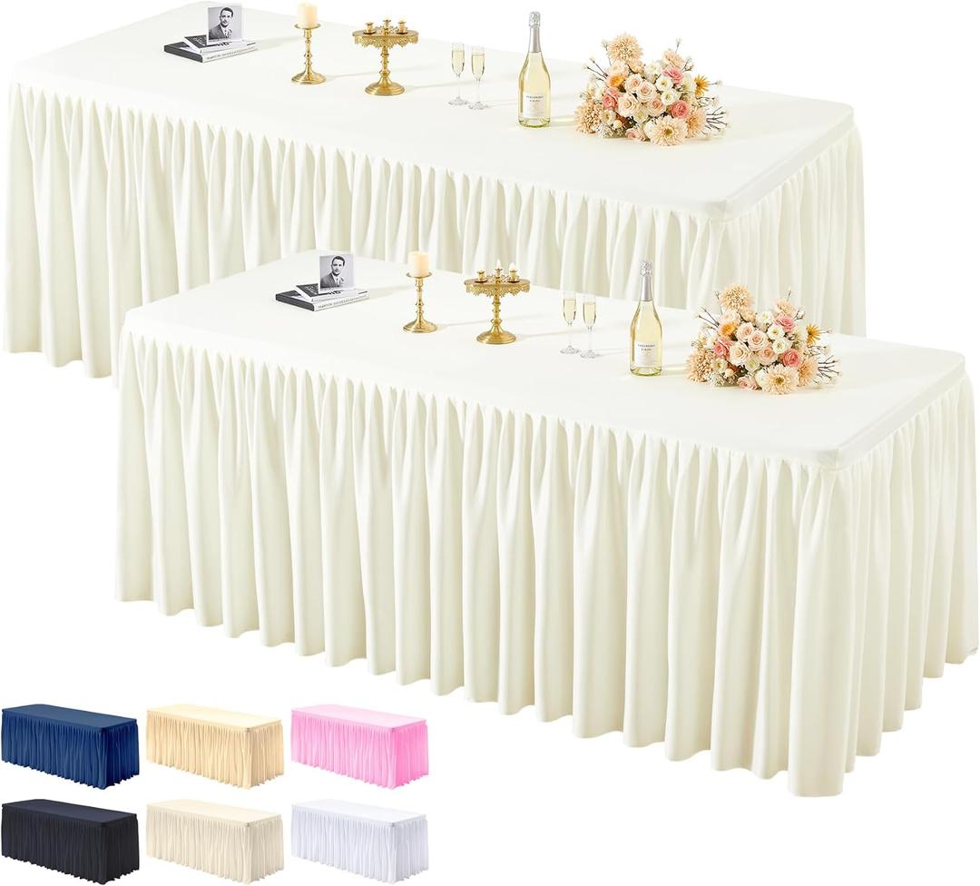 Pack Ivory Tablecloths for Rectangle Tables 6ft, Wrinkle Resistant Spandex Table Cover Fitted Stretch Table Cloth with Pleated Ruffle Skirts for Party Banquet Dining Birthday Wedding