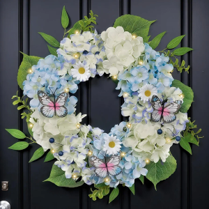 Valery Madelyn Spring Summer Wreaths for Front Door with Lights, Silk Blue White Hydrangeas Floral Wreath with Eucalyptus Leaves Butterfly for Home Porch Window Party Wedding Arch Decor-18''