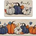 Thanksgiving Blue White Pumpkin Kitchen Rugs Set of 2, Fall Give Thanks Maple Leaves Kitchen Mats Decor, Autumn Seasonal Floor Door Mat Home Decorations - 17x29 and 17x47 Inch