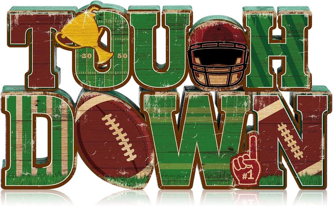 Bucherry Football Table Decoration 2026 Touch Down Wooden Centerpieces Happy Football Sign for Table, Touch Down Game Time Toppers Decor Sports Themed Tailgate Party Decorations for Home Office Shelf