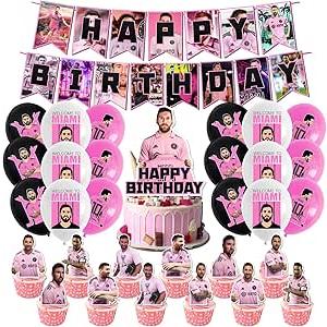 42Pack Party Supplies Pack Includes Banner Cake Topper, Black drop, Balloons for Soccer party Decoration, Pink