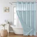 Boho Farmhouse No Hook Shower Curtain Set with Snap-in Fabric Liner,Heavy-Duty Linen Textured Rustic Striped Design,Water-Repellent with Tassels and Sheer Window,Fog Blue,71x74